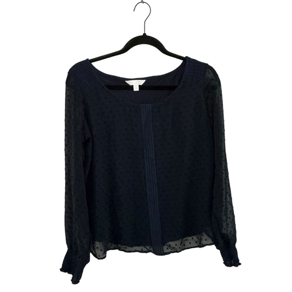 Lauren Conrad Navy Swiss Dot Long Sleeve Blouse Sheer Sleeve Feminine Chic - Picture 1 of 4